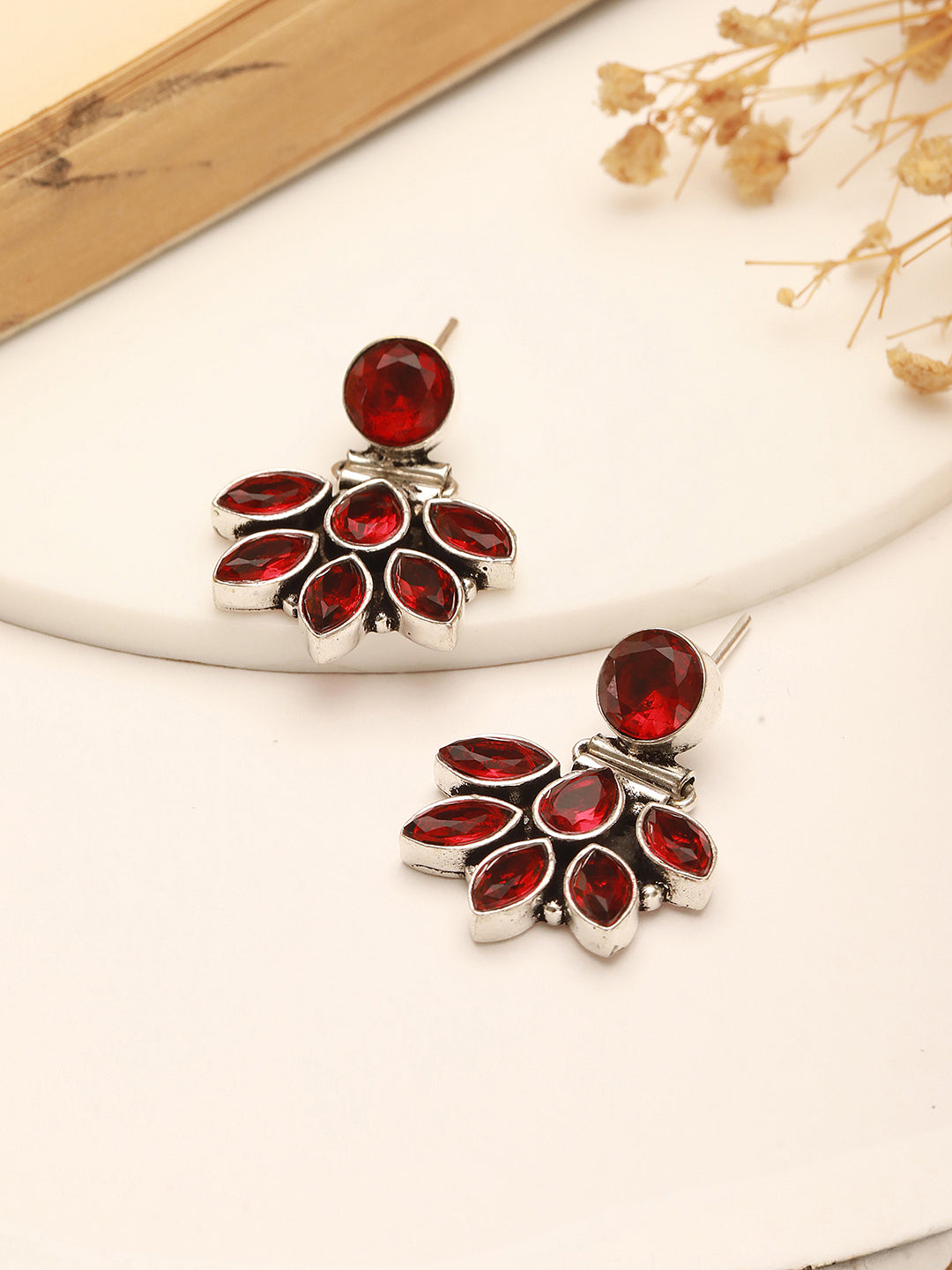 Silver Toned Fiery Red AD Zircon Studded Floral Minimal Earrings